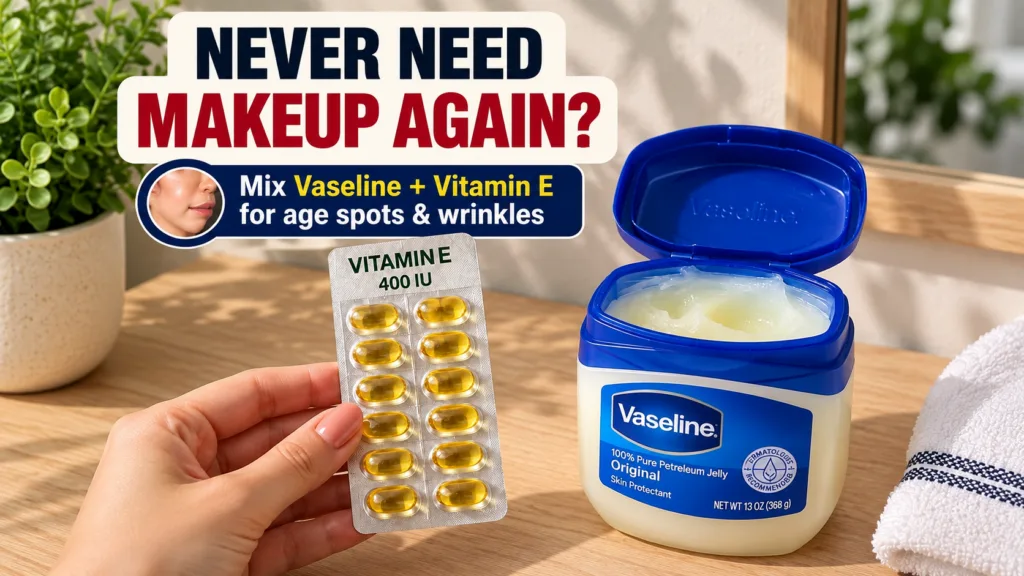 A hand holding a blister pack of Vitamin E capsules next to an open tub of Vaseline Original Petroleum Jelly on a wooden