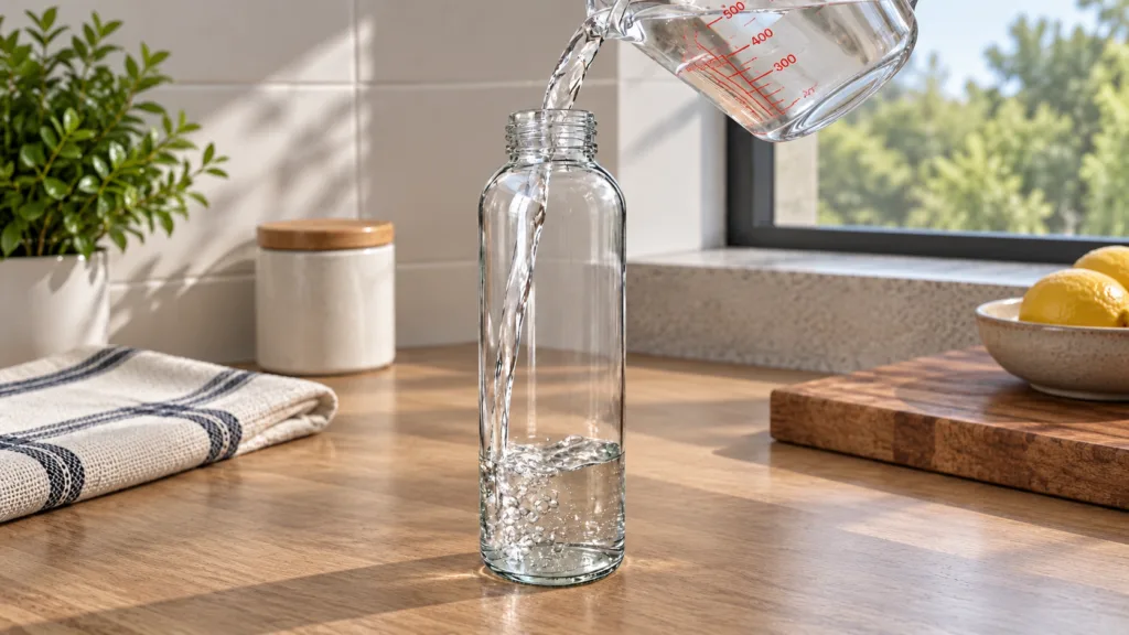 A clear glass bottle being filled with water from a measuring cup on a light wooden countertop Bubbles are forming as th