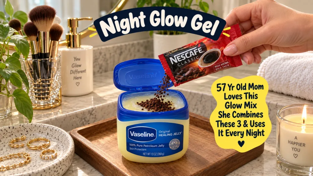A hand pouring instant coffee granules from a sachet into an open tub of Vaseline petroleum jelly on a bathroom counter 