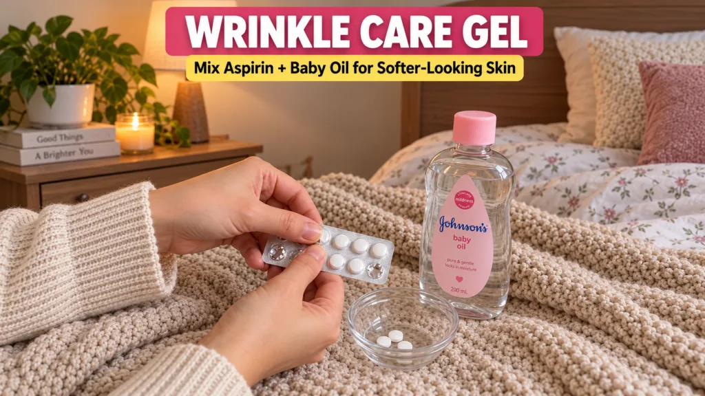 Hands preparing a DIY skincare mixture with aspirin pills in a glass bowl and a bottle of baby oil on a knitted blanket 