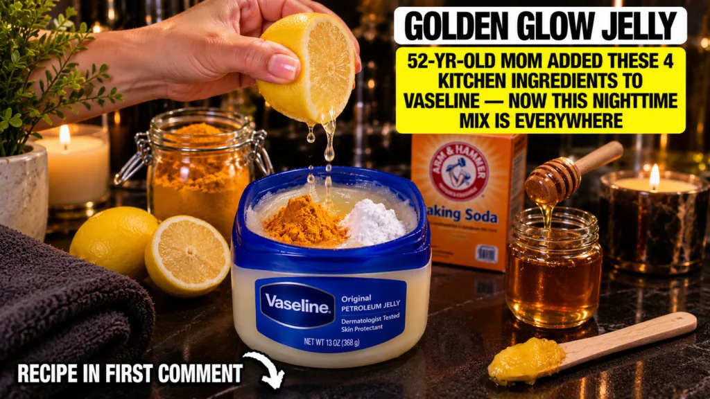 A hand squeezing a fresh lemon into a small container of Vaseline which already contains turmeric powder and baking soda