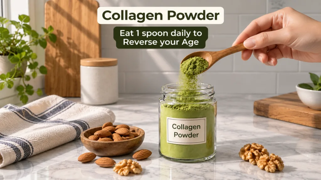A hand pouring green collagen powder from a wooden spoon into a glass jar labeled Collagen Powder on a white marble coun