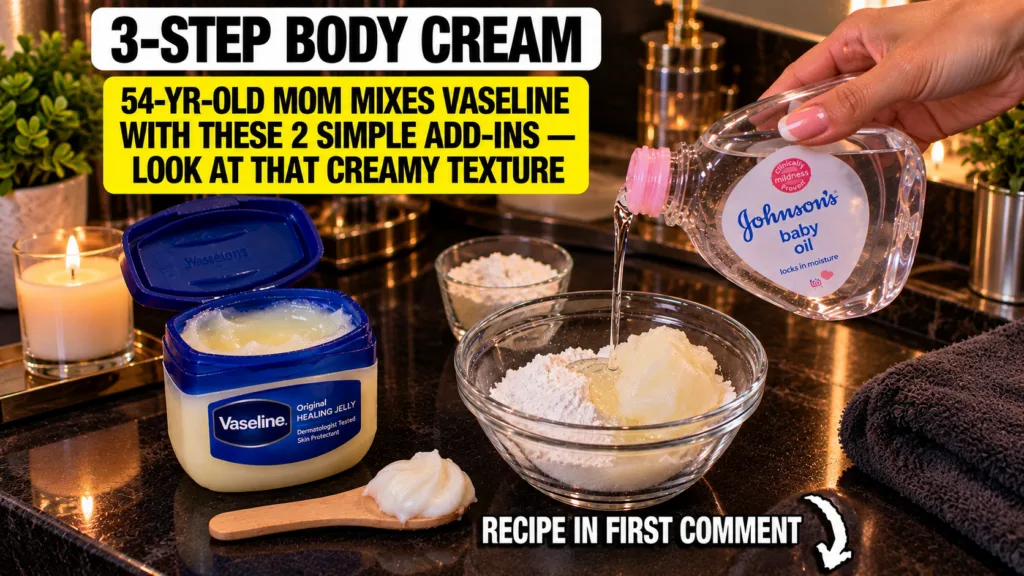 Hands mixing Vaseline white rice powder and baby oil in a clear bowl with a wooden spoon in a softly lit setting