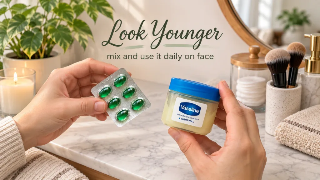 Two hands holding a blister pack of green gel capsules and a small jar of Vaseline petroleum jelly on a blurred bathroom