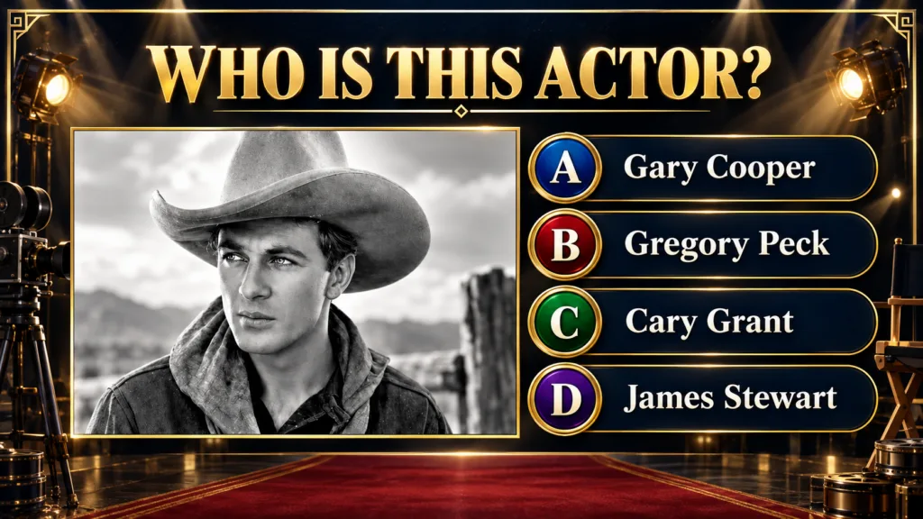 A black and white quiz interface showing a portrait of a young Gary Cooper in a cowboy hat and hooded jacket The questio