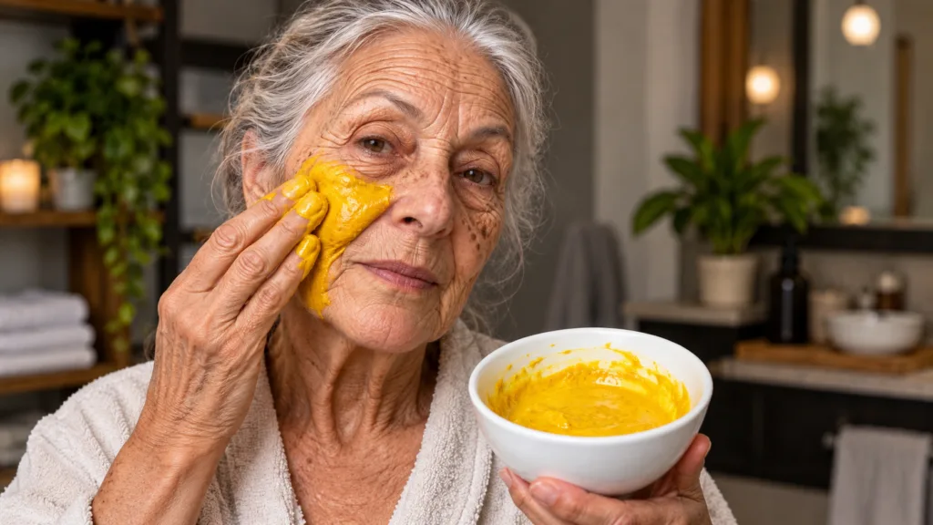 An elderly woman with grey hair gently applying a vibrant yellow face mask to her cheek with her fingers holding a white