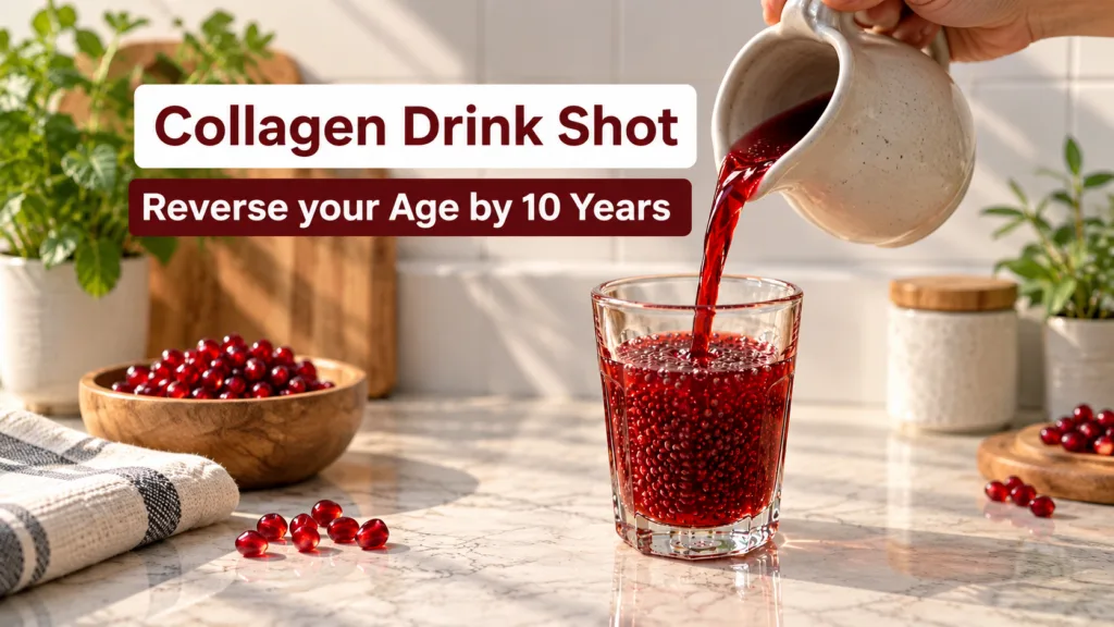 A clear glass being filled with a vibrant red berry collagen drink shot from a ceramic pitcher with scattered pomegranat