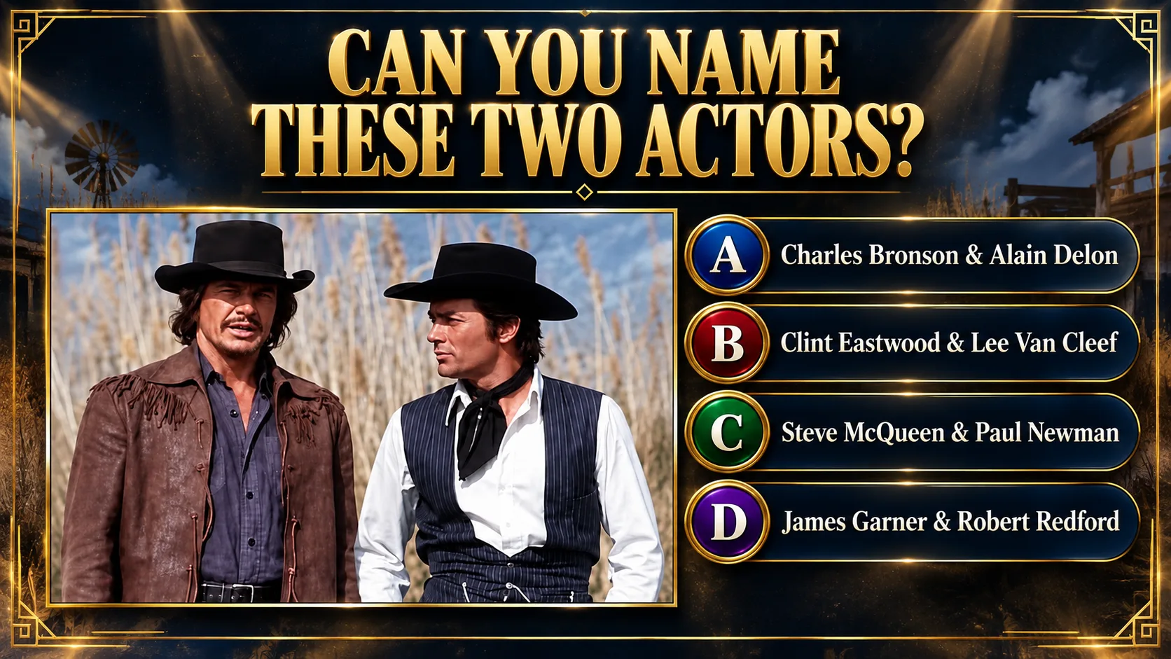 Two classic actors Charles Bronson and Alain Delon standing together in an outdoor setting with tall dry reeds and a cle