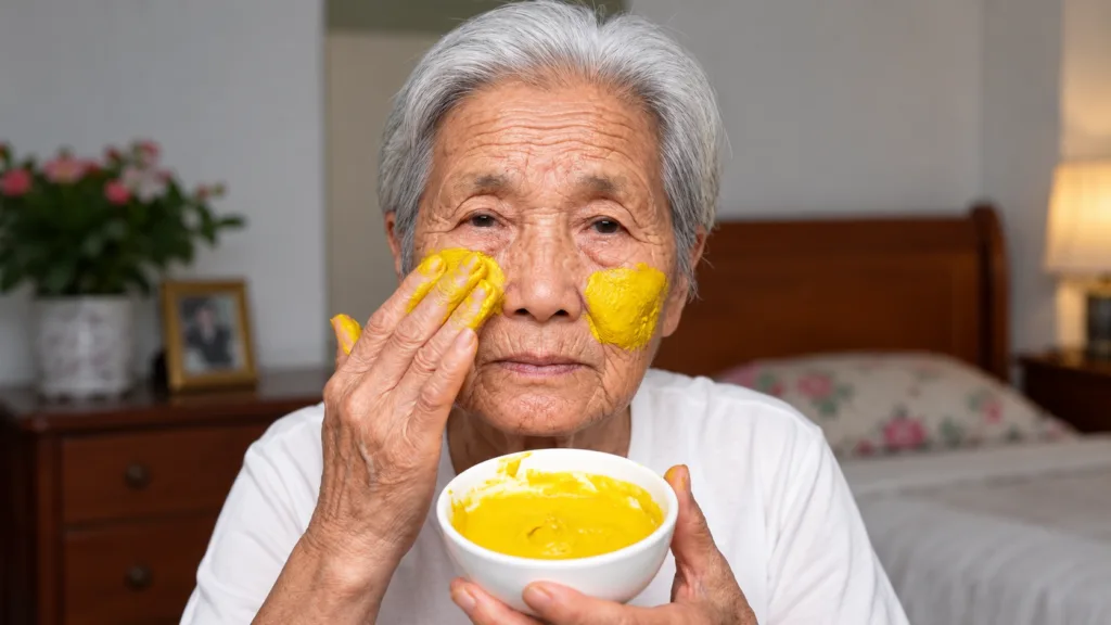 A close-up portrait of an elderly woman looking directly at the camera She is applying a vibrant yellow turmeric face ma