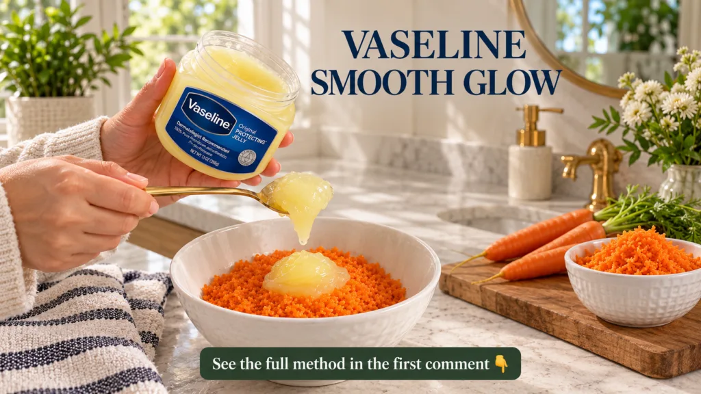 A hand using a golden spoon to scoop Vaseline jelly into a white bowl containing grated carrots suggesting a DIY beauty 