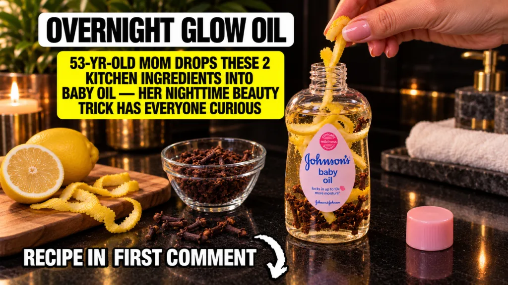 A hand dropping fresh lemon zest into a clear glass bottle of Johnson s baby oil which already contains whole cloves and