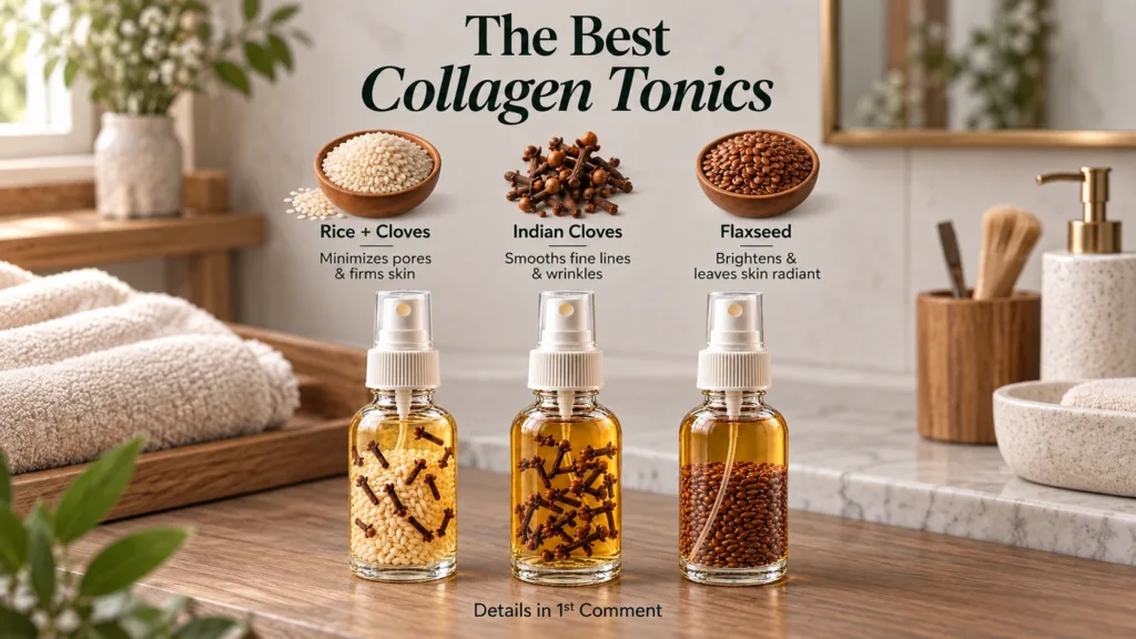 Three clear glass spray bottles filled with natural tonics alongside bowls of raw ingredients like rice cloves and flaxs