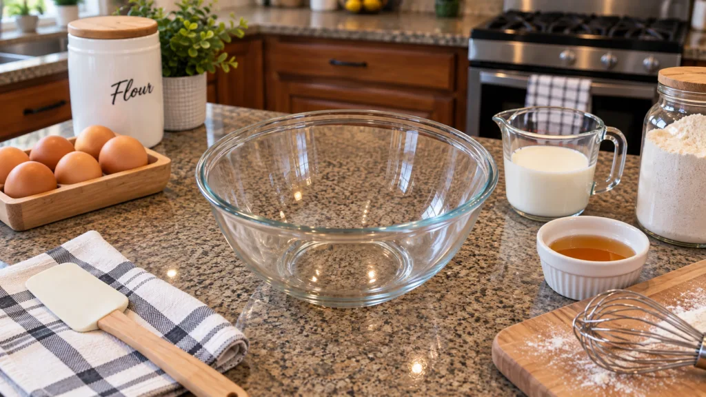 A clear glass mixing bowl on a speckled granite countertop surrounded by baking ingredients like flour plant-based milk 