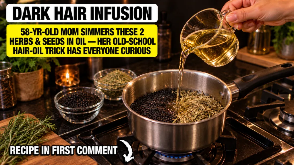A hand pouring pale golden olive oil into a metal saucepan containing black sesame seeds and dried rosemary with natural