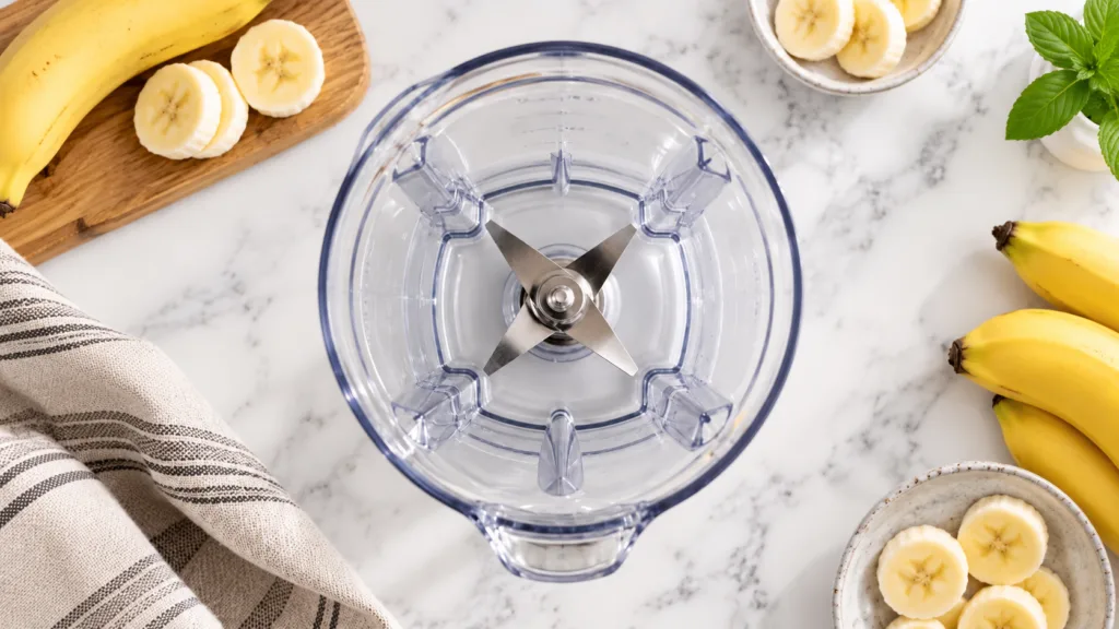 An empty blender jar surrounded by fresh ingredients like sliced bananas a whole banana and a small sprig of green leave