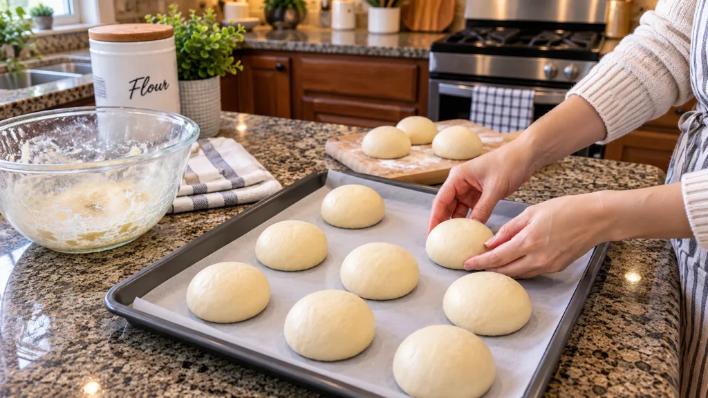 Hands gently arranging spherical dough balls onto a baking sheet lined with parchment paper