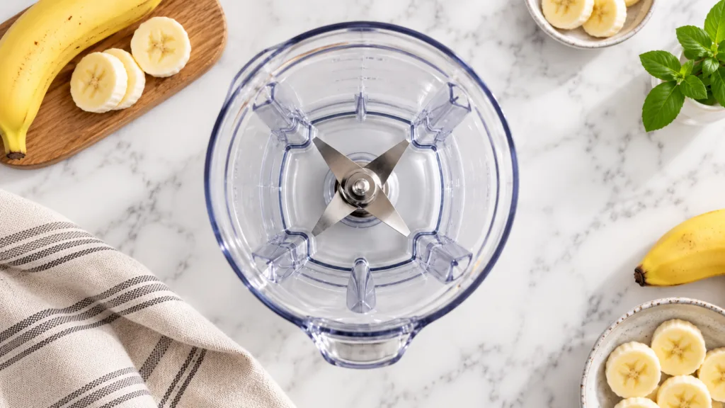 An overhead flat lay of an empty transparent blender jar with metallic blades surrounded by fresh ingredients sliced ban