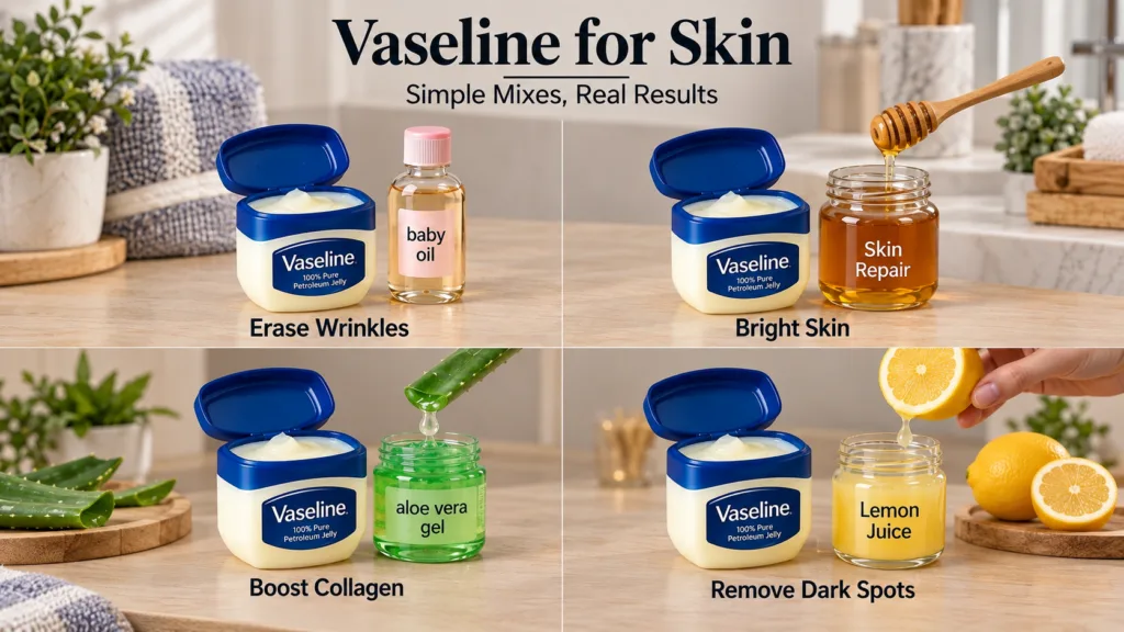 A grid showing four different DIY Vaseline mixes with natural ingredients Vaseline baby oil for wrinkles Vaseline honey 