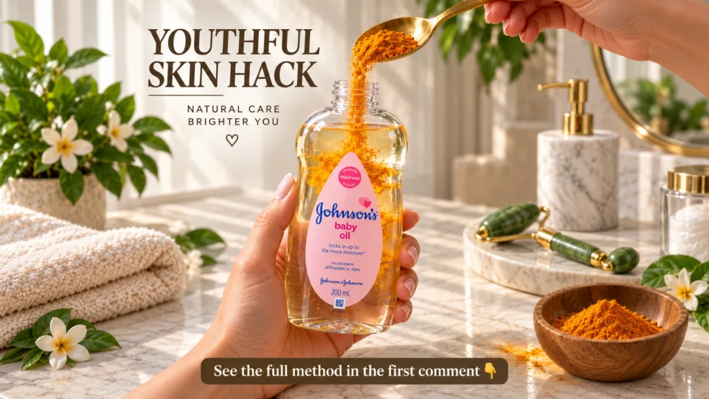 Close-up of hands pouring golden turmeric powder from a golden spoon into a clear bottle of Johnson s baby oil which alr