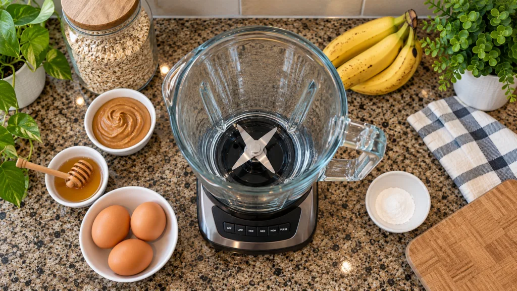 An empty blender surrounded by fresh ingredients like bananas oats and peanut butter on a clean kitchen counter ready fo