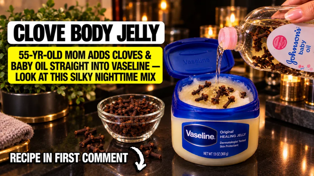 A close-up of a hand pouring clear Johnson s baby oil enriched with cloves into an open jar of Vaseline Original Healing
