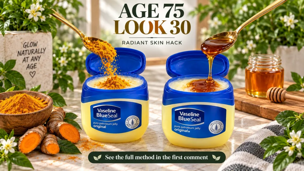 Two open jars of Vaseline with turmeric powder being poured into one and honey dripping into the other from golden spoon
