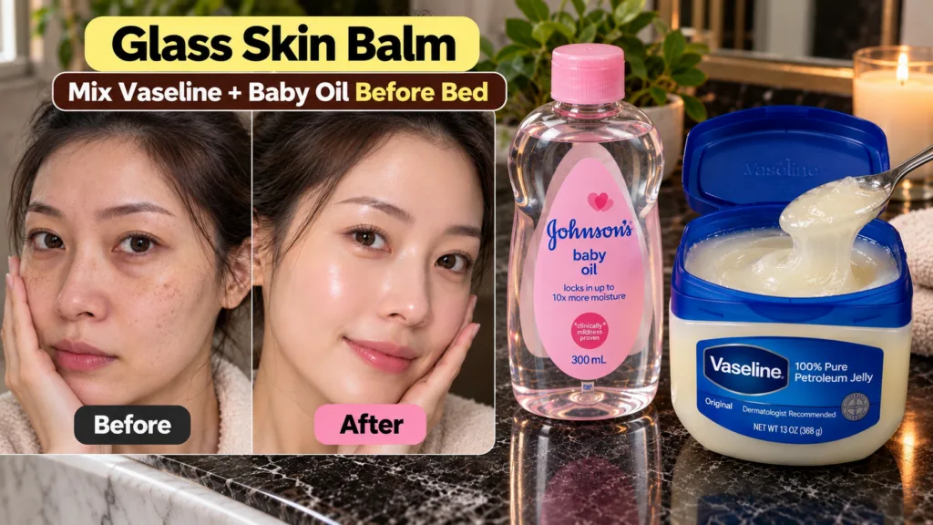 Before and after comparison of a woman s face showing skin transformation with Vaseline and baby oil product display bel