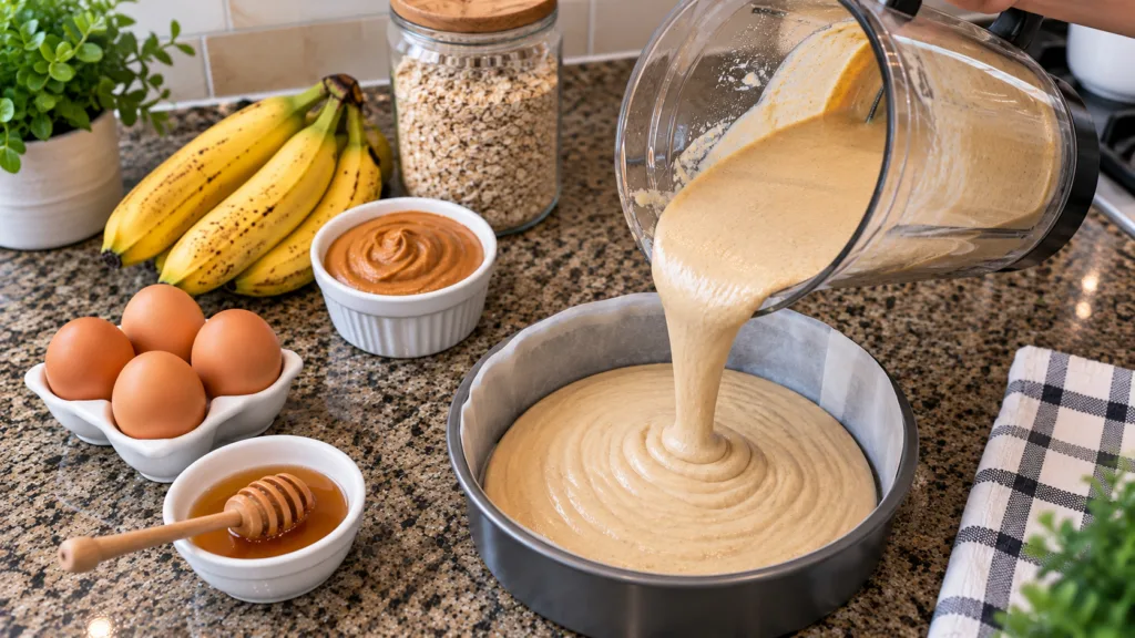 Thick light-brown vegan batter being poured from a blender pitcher into a round baking pan Ingredients like bananas oats