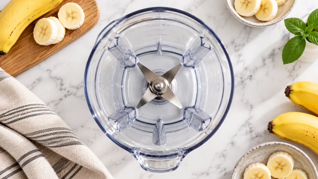 Overhead view of an empty blender jug surrounded by neatly arranged fresh ingredients on a white marble surface sliced b