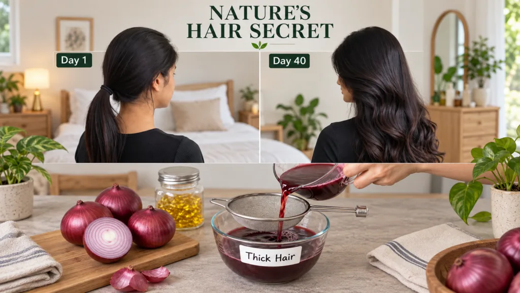 A vertical collage showing a Day 1 vs Day 40 hair thickness comparison for a woman and a bottom panel showing hands prep