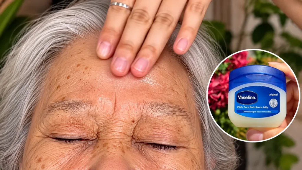 A younger person s hand gently touching an elderly person s forehead which shows fine lines and age spots A small jar of