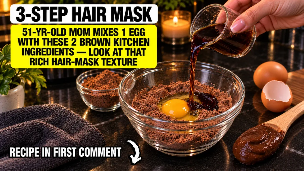 A hand pouring liquid into a glass bowl with an egg yolk and dark brown powder surrounded by other ingredients like coff