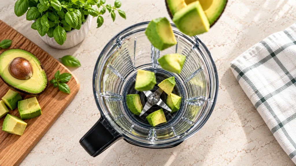 Avocado chunks falling into a blender highlighting the dynamic movement and fresh ingredients