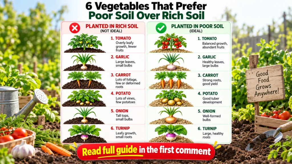 An infographic comparing the growth of six vegetables tomato garlic carrot potato onion turnip in rich soil versus poor 