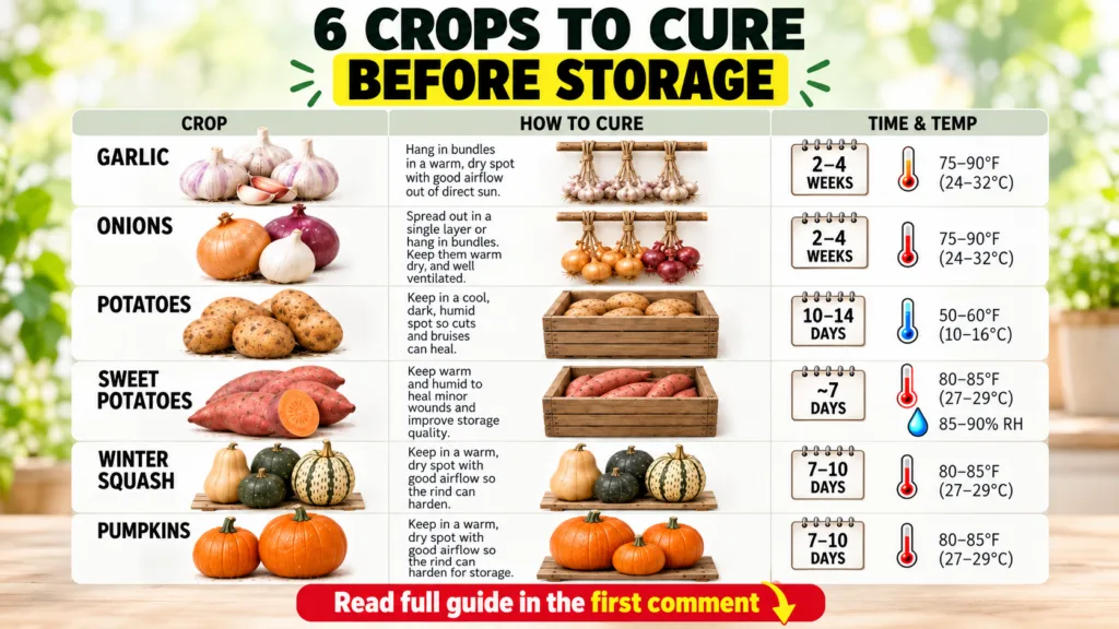 An infographic detailing the curing process for garlic onions potatoes sweet potatoes winter squash and pumpkins present