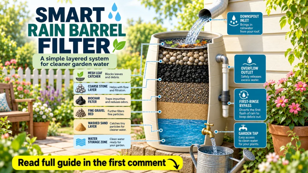 A cross-section infographic of a beige rain barrel showing multiple internal filtration layers a mesh leaf catcher coars