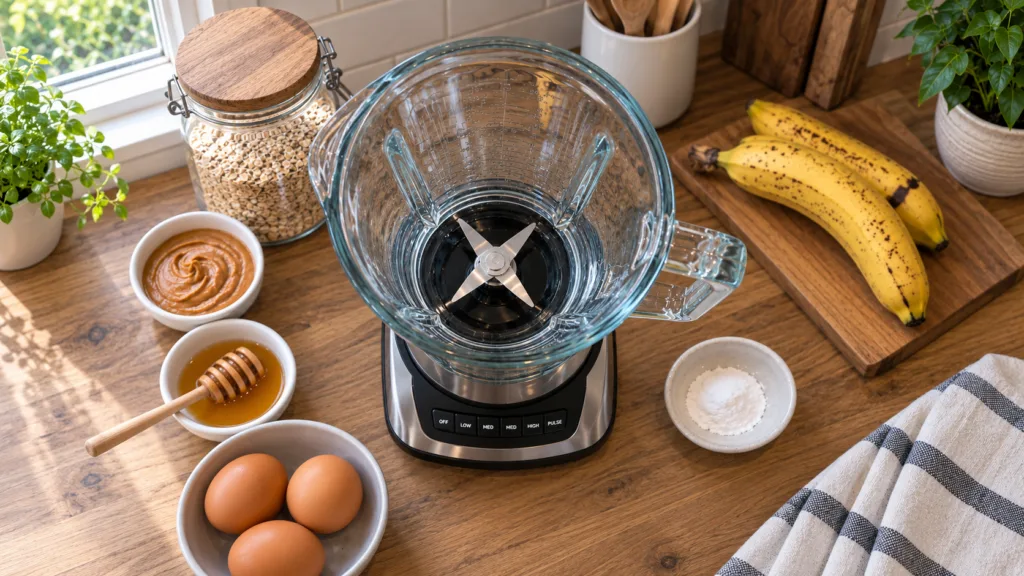 An overhead view of a kitchen countertop with an empty blender surrounded by plant-based smoothie ingredients like oats 