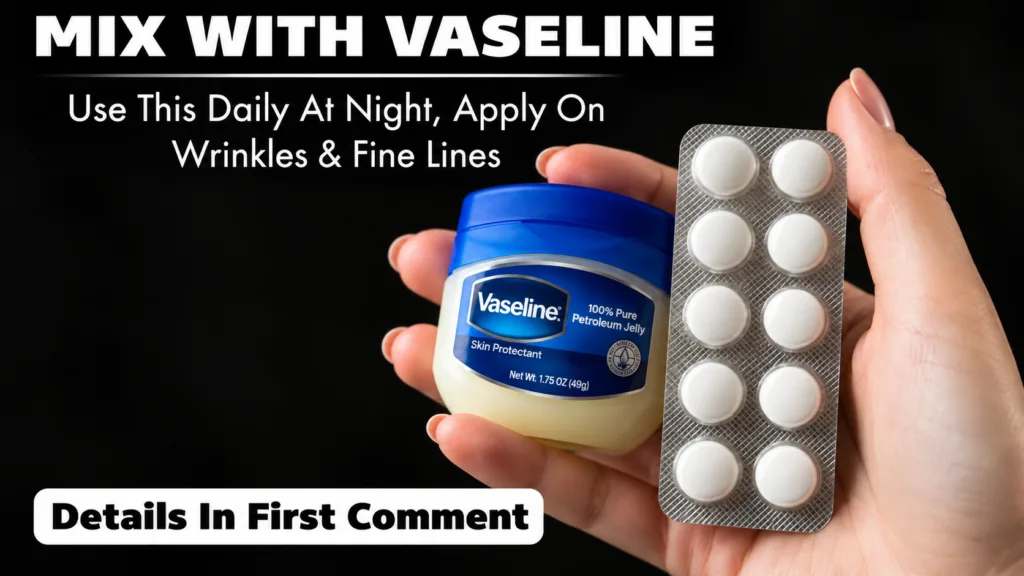 A hand holding a small jar of Vaseline and a white powdered vitamin C tablet ready to be mixed