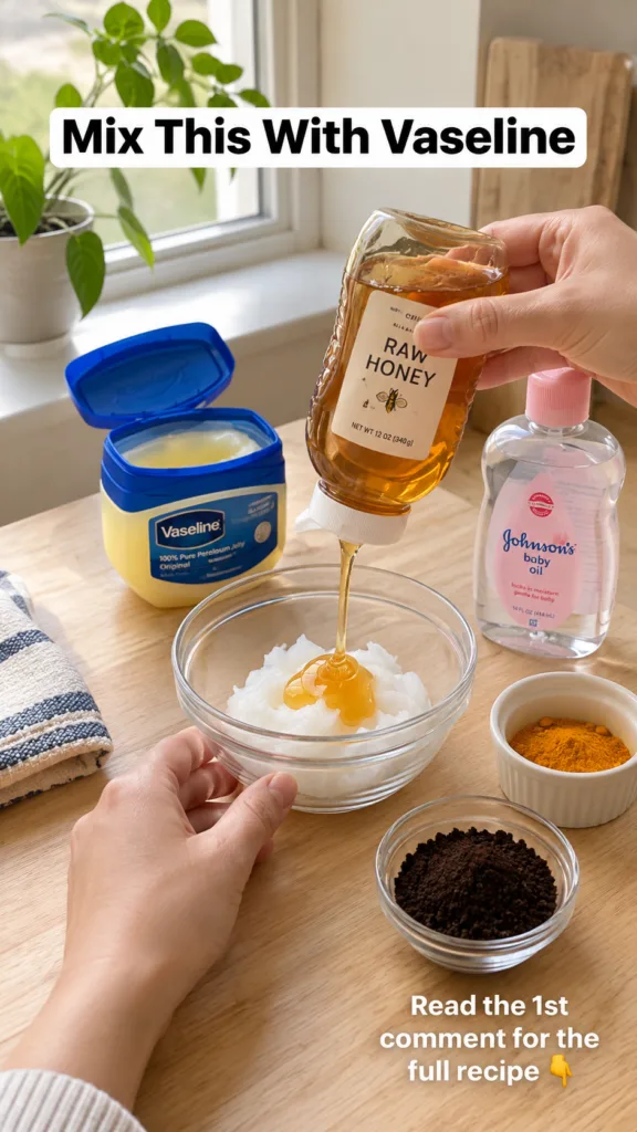 Hands pouring raw honey into a bowl with a white pasty substance for a DIY beauty recipe surrounded by Vaseline baby oil