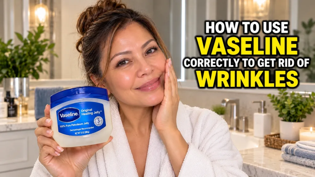 A smiling woman in a white bathrobe holding a tub of Vaseline Original Healing Jelly with hydrated skin and a messy bun 