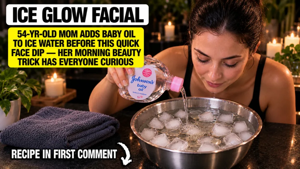 A woman gently pouring Johnson s baby oil from a clear bottle into a metallic bowl filled with ice and water Her hand is