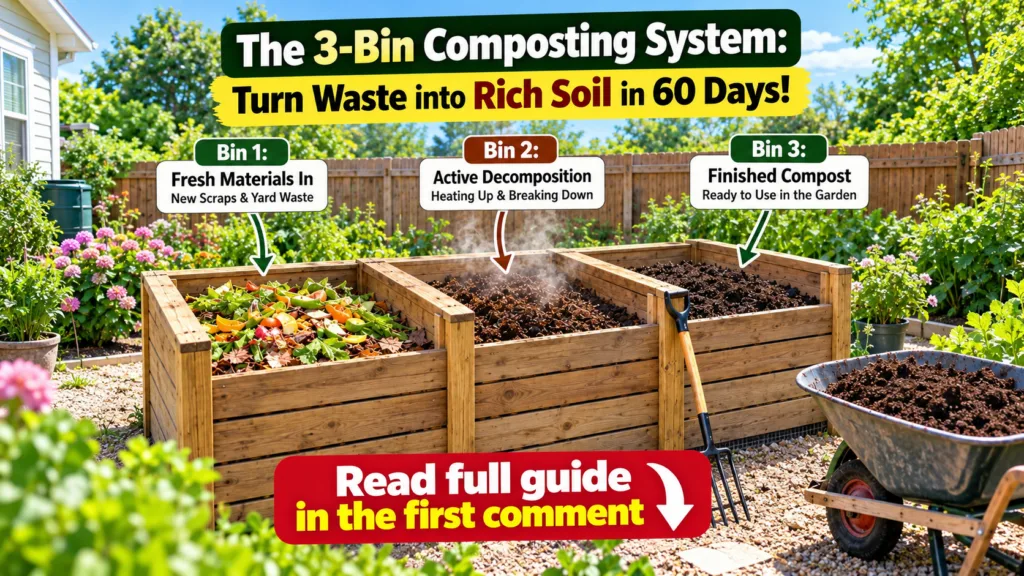 A sunny garden with a neatly arranged 3-bin composting system Bin 1 has fresh organic materials Bin 2 shows active decom