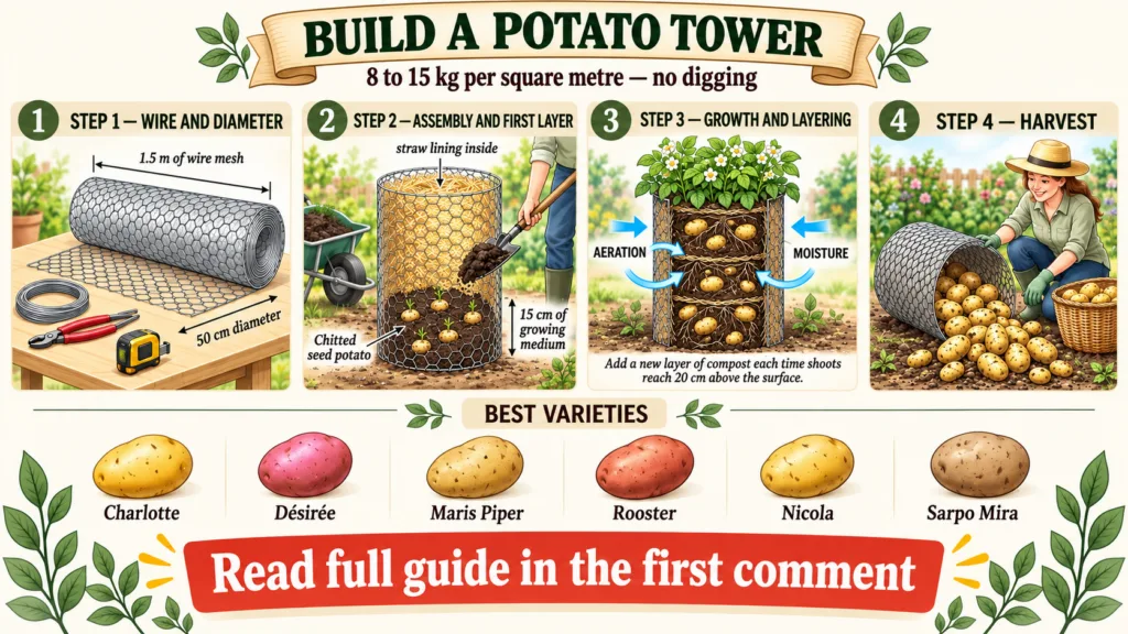 An infographic detailing the step-by-step process of building and harvesting a potato tower without digging It should sh