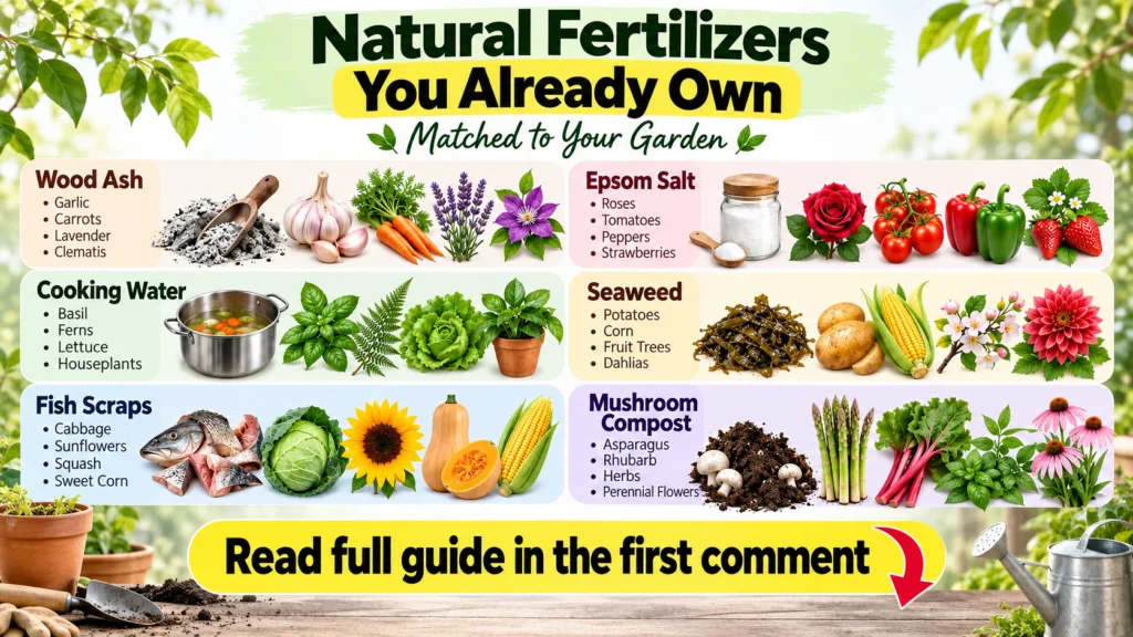 An infographic titled Natural Fertilizers You Already Own Matched to Your Garden showing six natural fertilizer types Wo