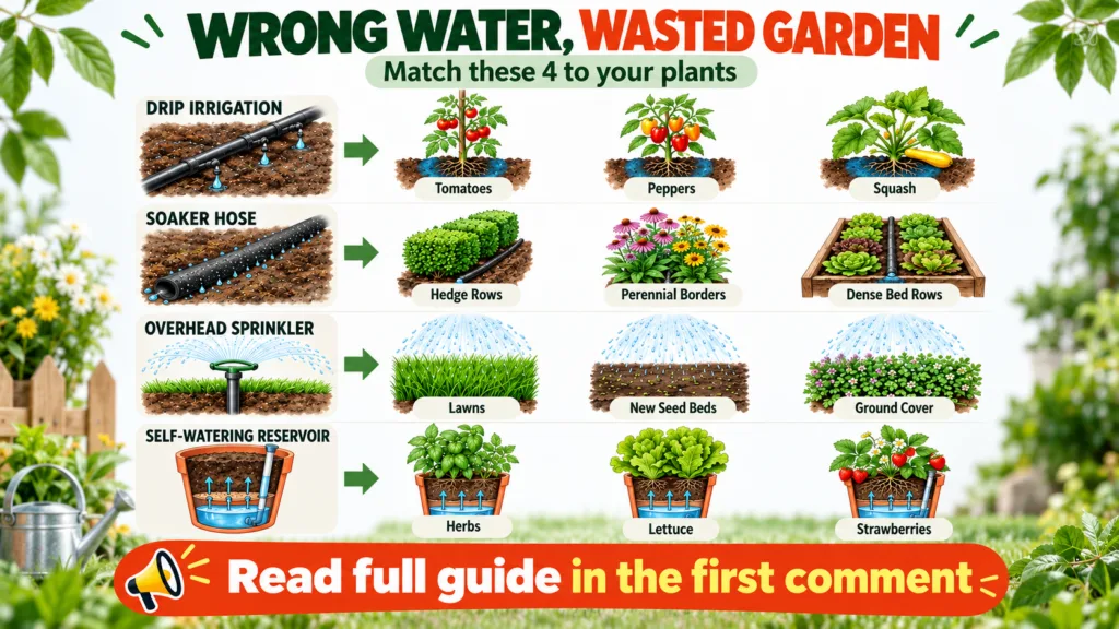 An infographic illustrating four different watering methods drip irrigation soaker hose overhead sprinkler self-watering