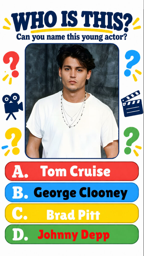 A quiz graphic featuring a headshot of young Johnny Depp with quiz elements like question marks a film camera and a clap