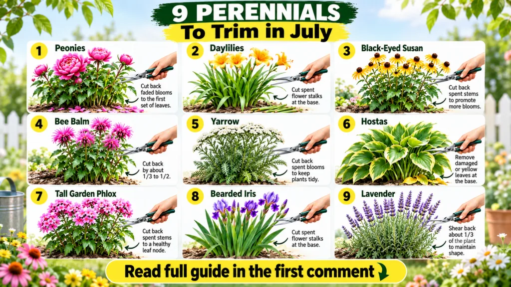 An infographic showing how to trim nine different perennials in July featuring close-ups of each plant pruning shears an