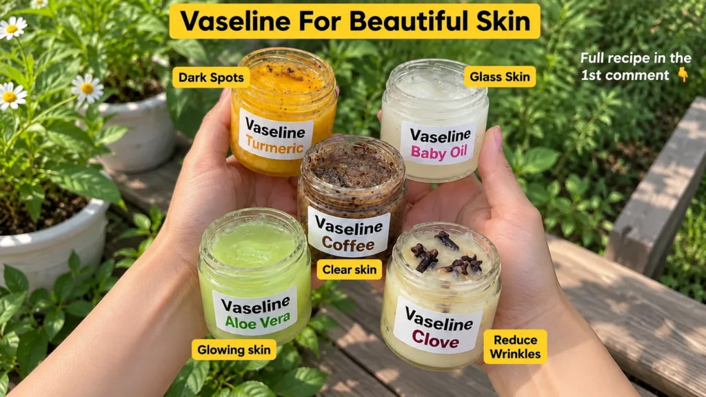 Five small glass jars with different homemade Vaseline beauty mixes aloe vera turmeric coffee baby oil cloves held by ha
