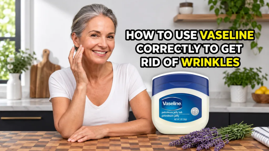 A smiling middle-aged woman with grey hair gently touching her face with a jar of Vaseline petroleum jelly prominently d