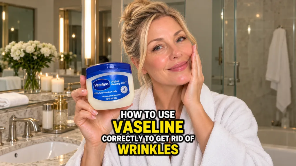 A smiling blonde woman in a white bathrobe holding a large jar of Vaseline Original Healing Jelly with bright moisturize